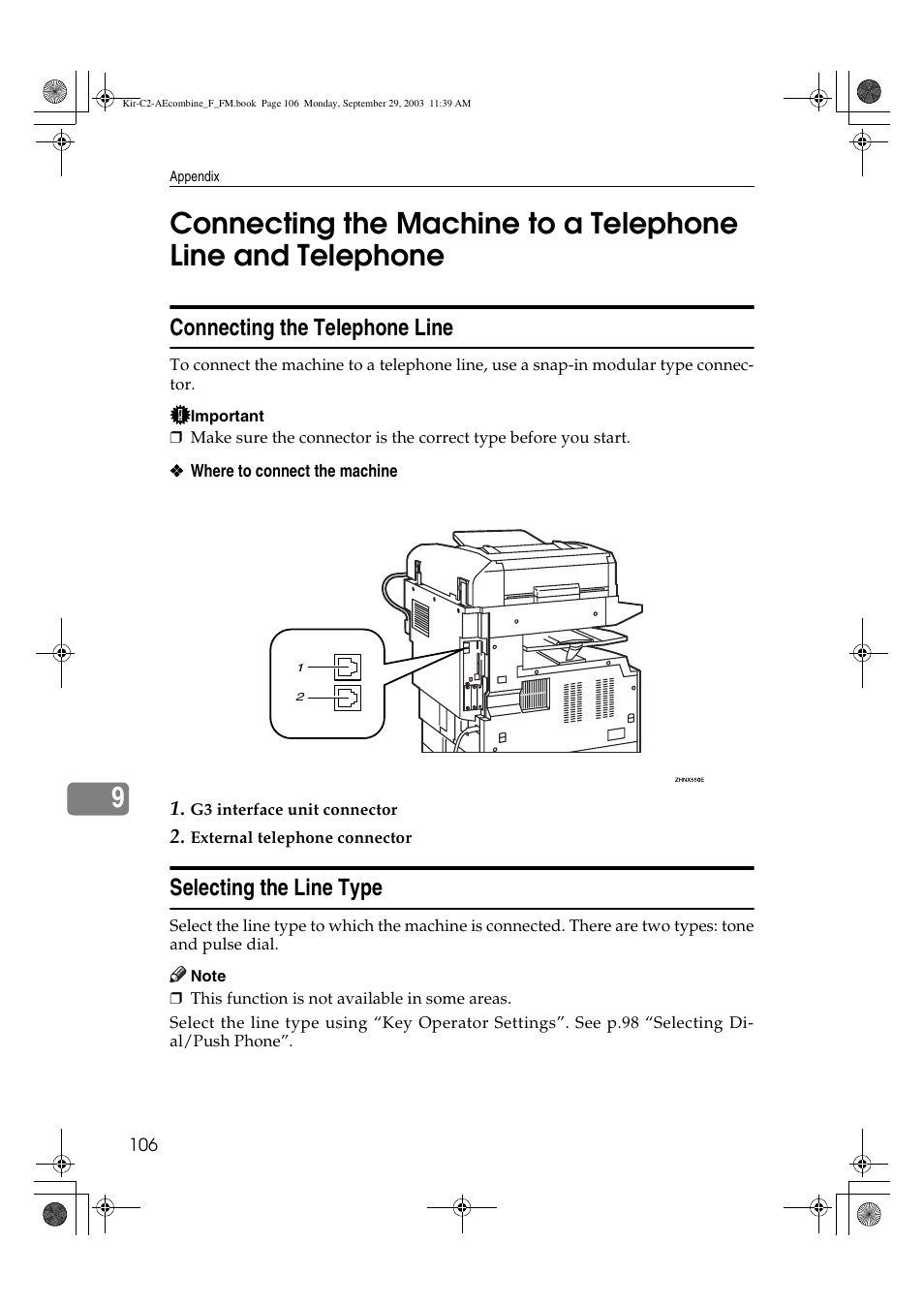 Connecting the telephone line, Selecting the line type | Ricoh Aficio 2018D User Manual | Page 600 / 814