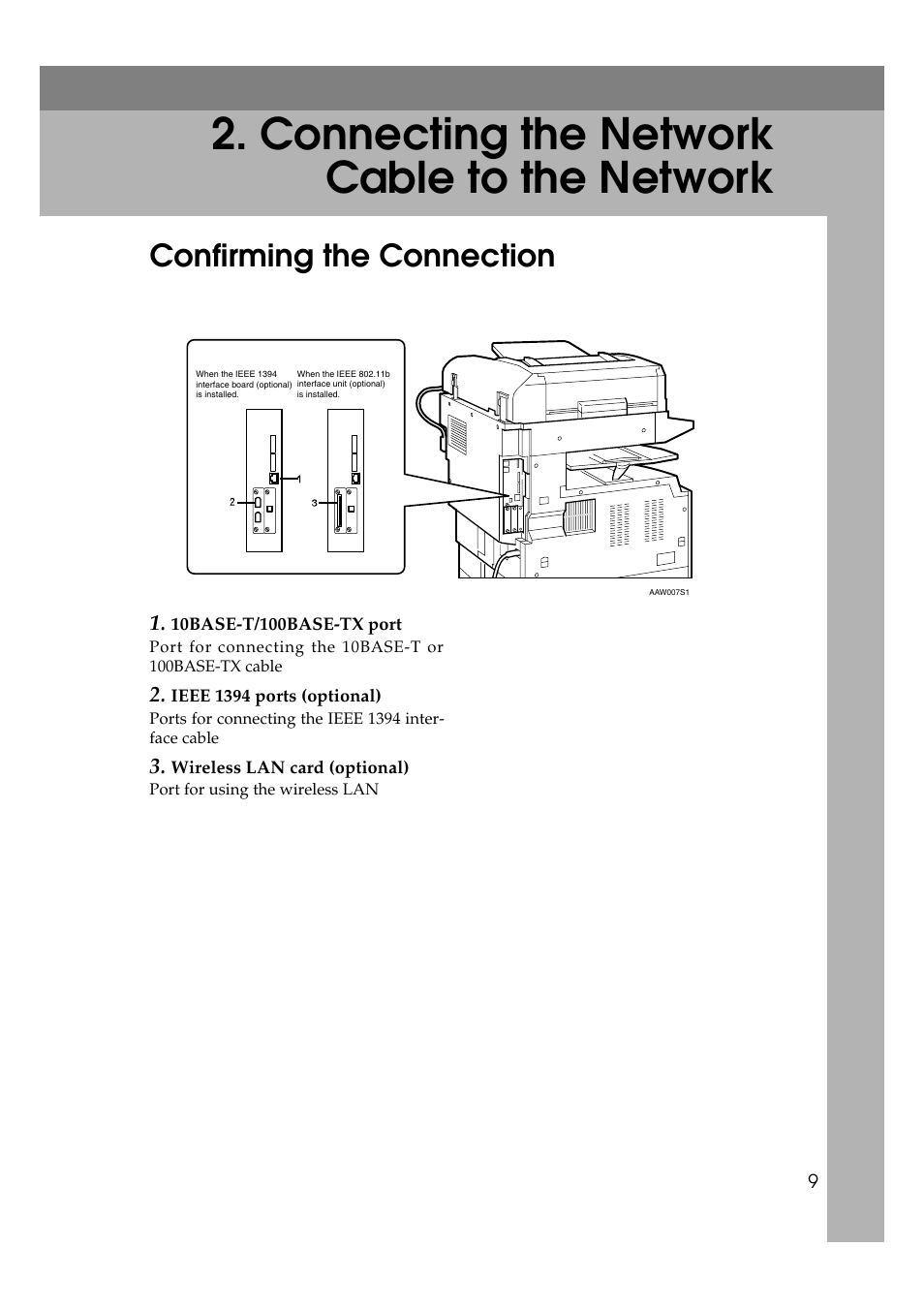  connecting the network cable to the network, Confirming the connection, Connecting the network cable to the network | Ricoh Aficio 2018D User Manual | Page 631 / 814