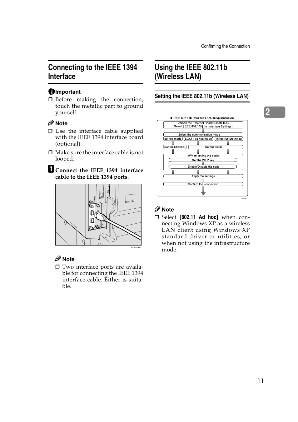 Connecting to the ieee 1394 interface, Using the ieee 802.11b (wireless lan), Setting the ieee 802.11b (wireless lan) | Ricoh Aficio 2018D User Manual | Page 633 / 814