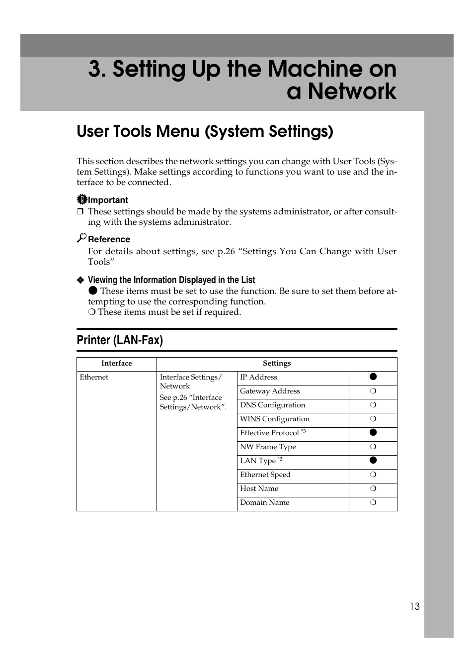  setting up the machine on a network, User tools menu (system settings), User tools menu | Ke, see p.13 “setting up the machine on a network, Setting up the machine on a network, Printer (lan-fax) | Ricoh Aficio 2018D User Manual | Page 635 / 814