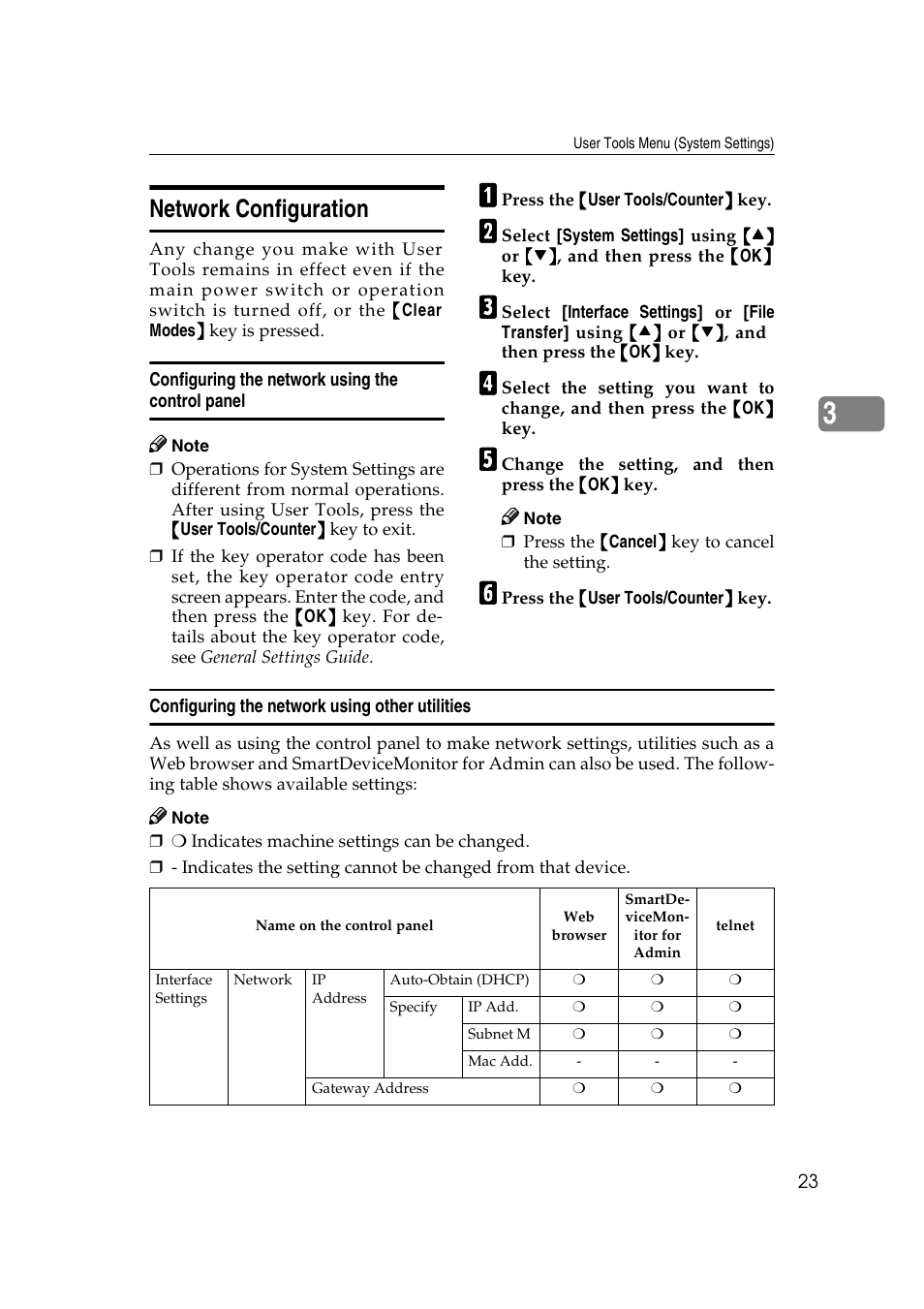 Network configuration, Configuring the network using the control panel, Configuring the network using other utilities | Ricoh Aficio 2018D User Manual | Page 645 / 814