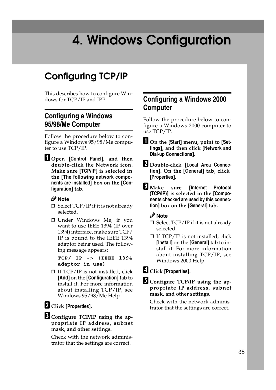  windows configuration, Configuring tcp/ip, Configuring a windows 95/98/me computer | Configuring a windows 2000 computer, Windows configuration | Ricoh Aficio 2018D User Manual | Page 657 / 814