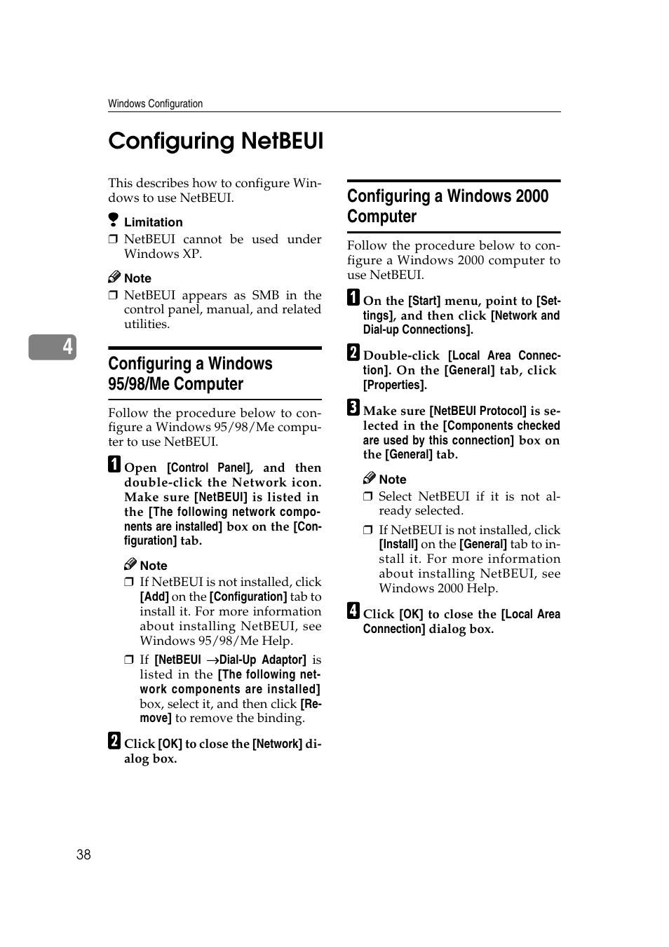 Configuring netbeui, Configuring a windows 95/98/me computer, Configuring a windows 2000 computer | 4configuring netbeui | Ricoh Aficio 2018D User Manual | Page 660 / 814