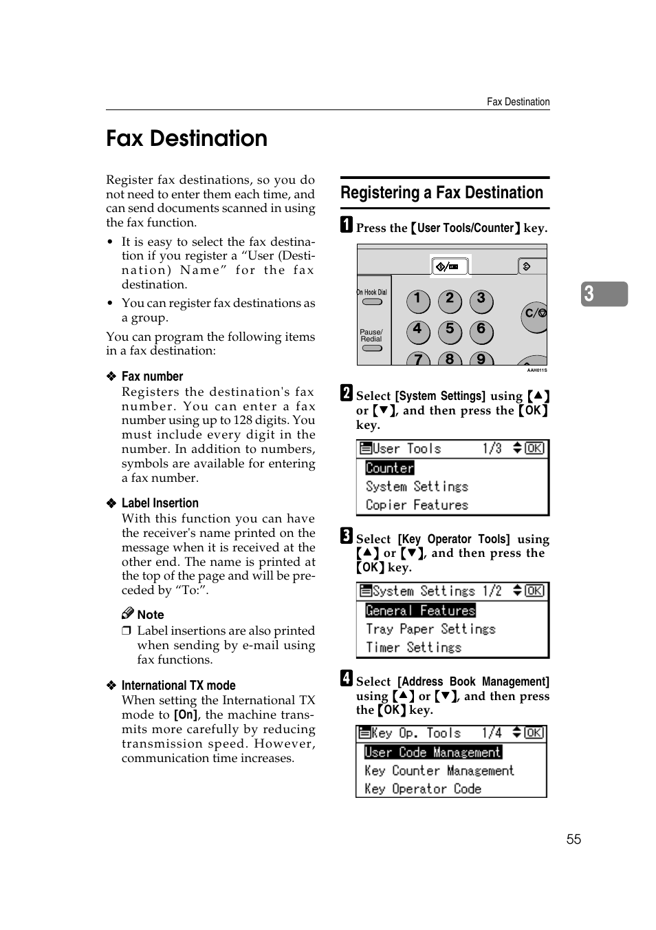 Fax destination, Registering a fax destination, P.55 “fax destination | 3fax destination | Ricoh Aficio 2018D User Manual | Page 67 / 814