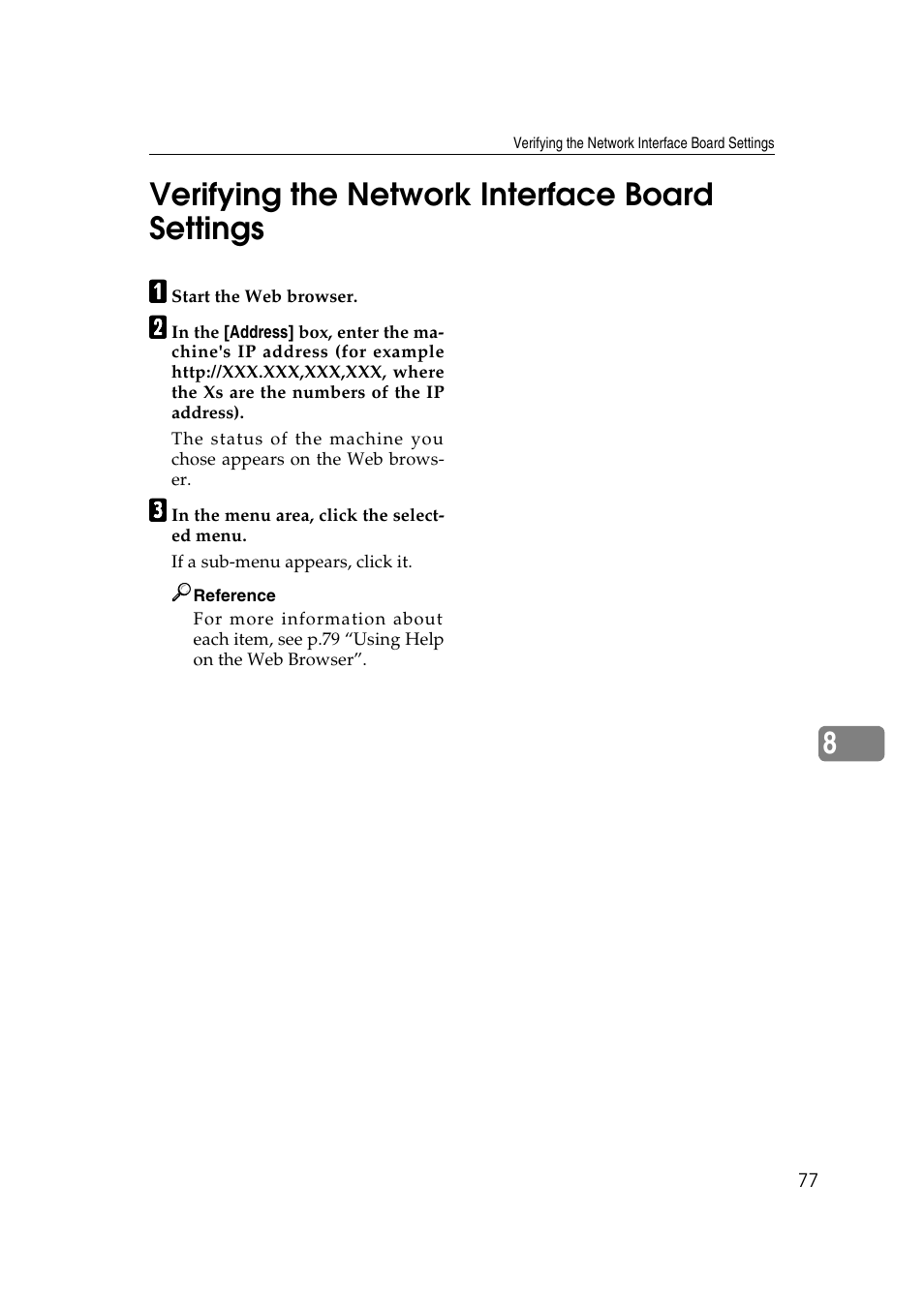 Verifying the network interface board settings, 8verifying the network interface board settings | Ricoh Aficio 2018D User Manual | Page 699 / 814