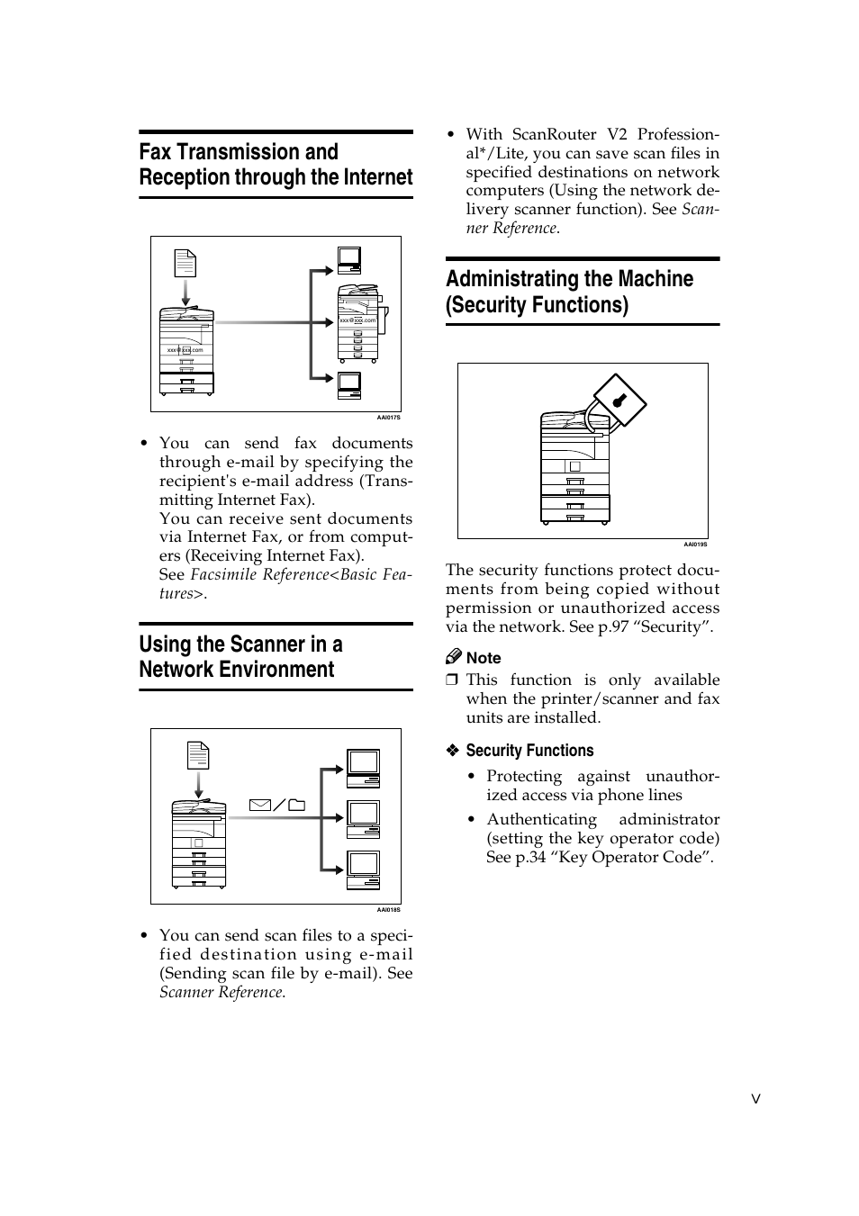 Using the scanner in a network environment, Administrating the machine (security functions) | Ricoh Aficio 2018D User Manual | Page 7 / 814