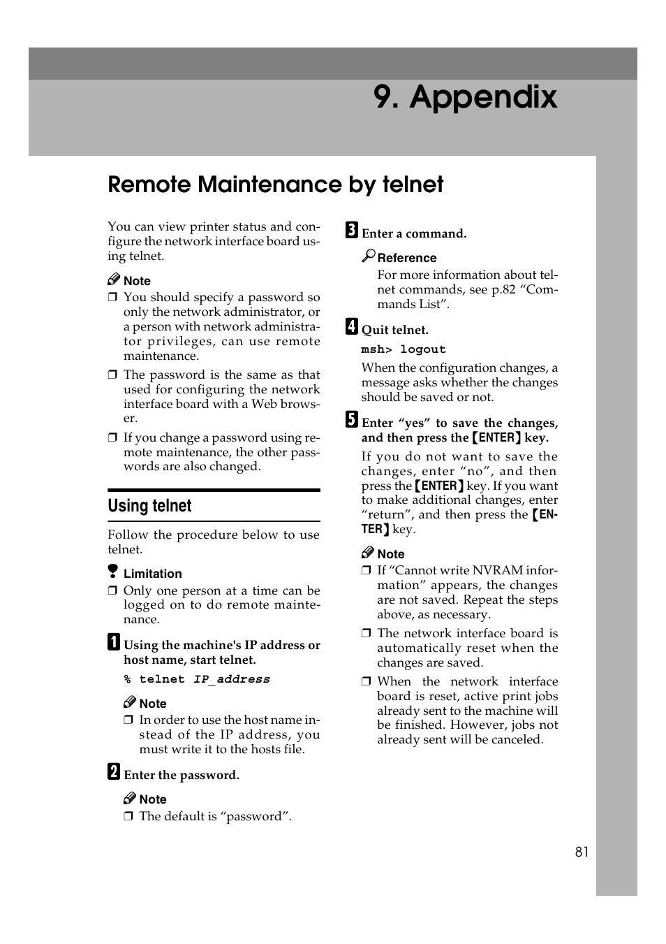  appendix, Remote maintenance by telnet, Using telnet | Appendix | Ricoh Aficio 2018D User Manual | Page 703 / 814