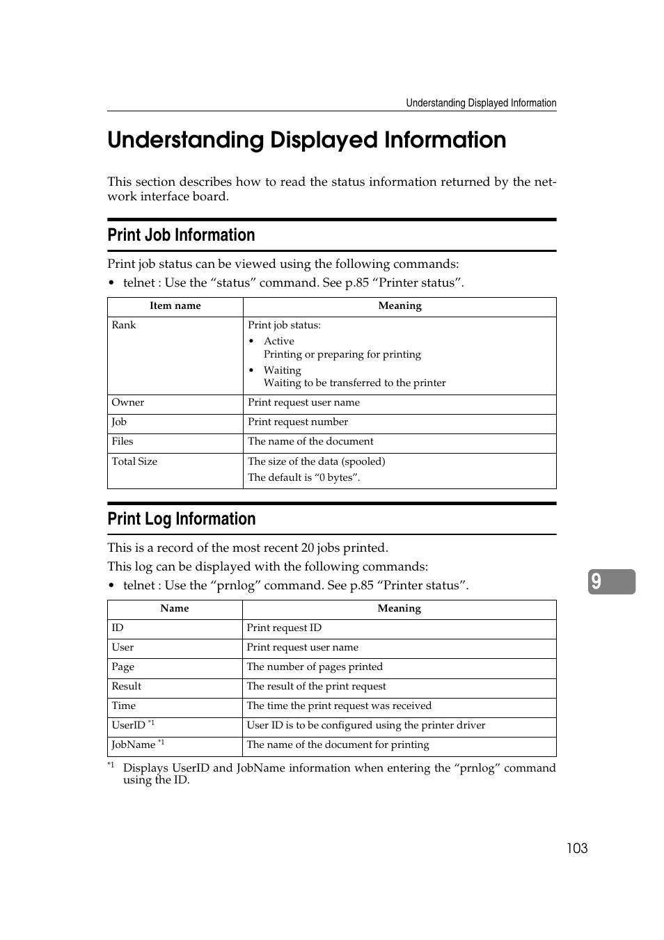 Understanding displayed information, Print job information, Print log information | Print job information print log information, Ee p.103 “understanding displayed infor- mation, 9understanding displayed information | Ricoh Aficio 2018D User Manual | Page 725 / 814