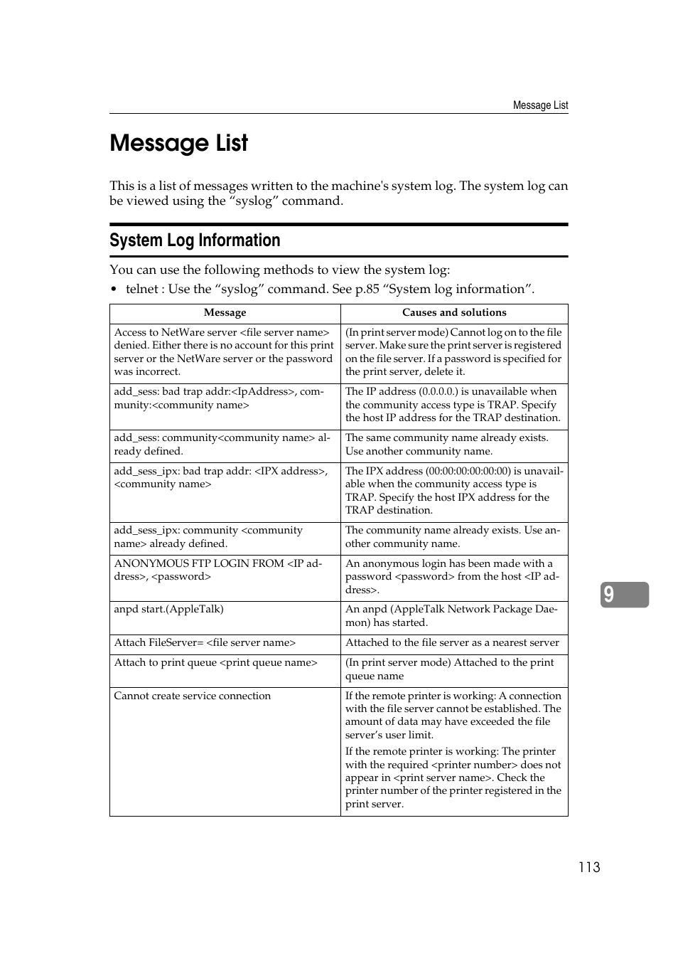 Message list, System log information, Ion, see p.113 “system log information | 9message list | Ricoh Aficio 2018D User Manual | Page 735 / 814