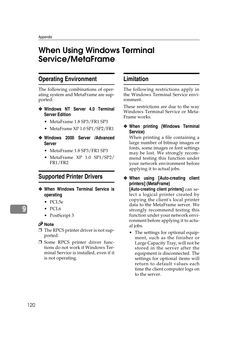 When using windows terminal service/metaframe, Operating environment, Supported printer drivers | Limitation, 9when using windows terminal service/metaframe | Ricoh Aficio 2018D User Manual | Page 742 / 814