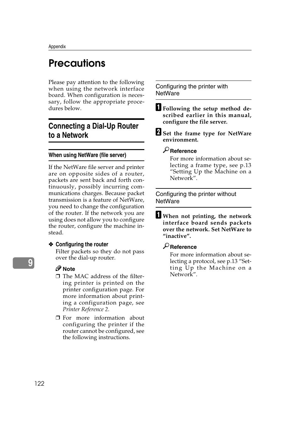 Precautions, Connecting a dial-up router to a network, When using netware (file server) | 9precautions | Ricoh Aficio 2018D User Manual | Page 744 / 814