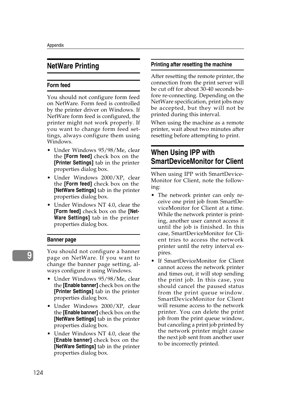 Netware printing, Form feed, Printing after resetting the machine | When using ipp with smartdevicemonitor for client | Ricoh Aficio 2018D User Manual | Page 746 / 814