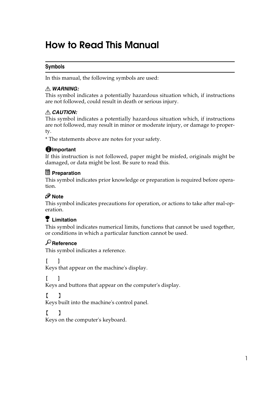 How to read this manual, Symbols | Ricoh Aficio 2018D User Manual | Page 757 / 814