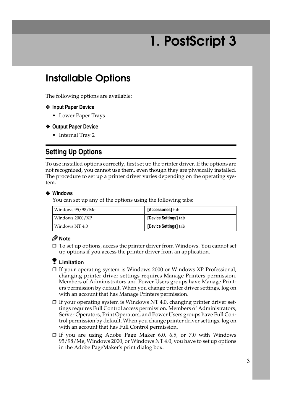  postscript 3, Installable options, Setting up options | Postscript 3 | Ricoh Aficio 2018D User Manual | Page 759 / 814