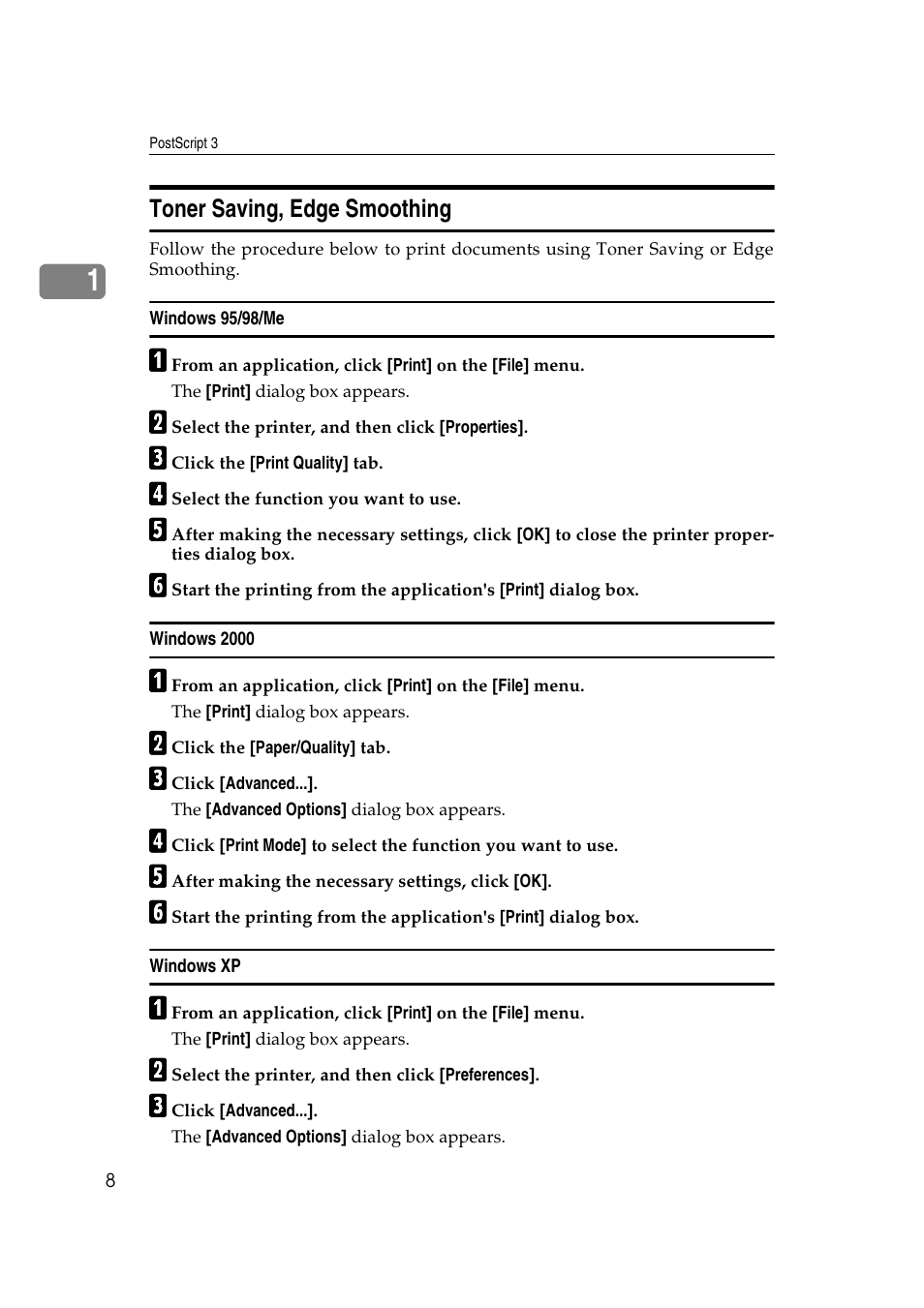 Toner saving, edge smoothing, Windows 95/98/me, Windows 2000 | Windows xp | Ricoh Aficio 2018D User Manual | Page 764 / 814