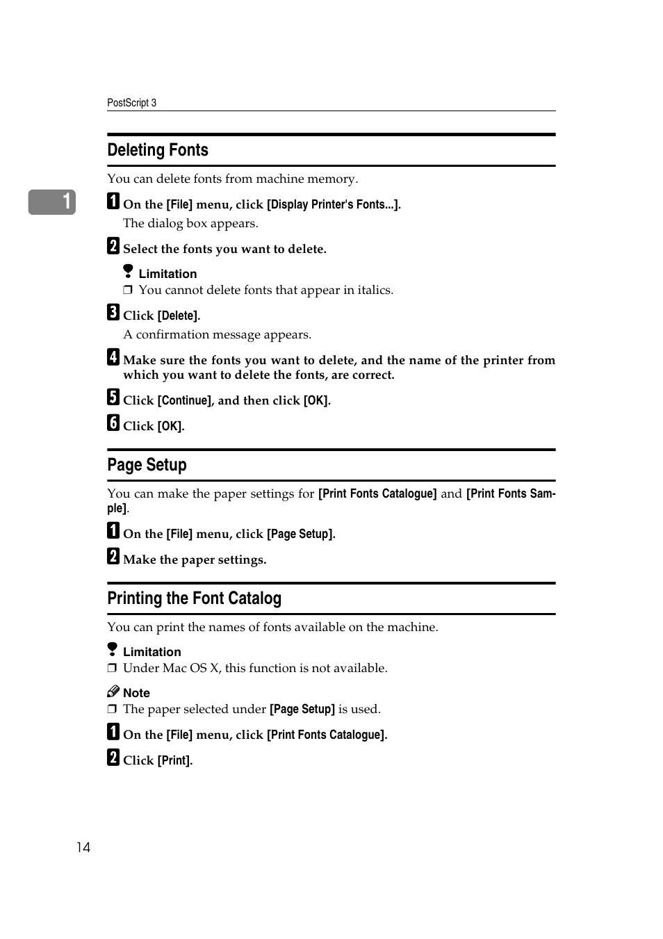 Deleting fonts, Printing the font catalog, P.14 “printing the font catalog | Page setup | Ricoh Aficio 2018D User Manual | Page 770 / 814