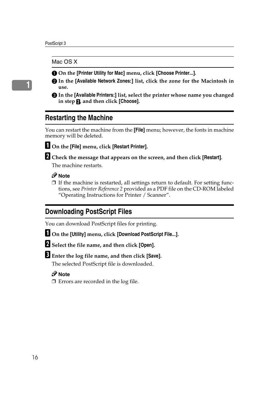 Restarting the machine, Downloading postscript files, E p.16 “restarting the machine | Ricoh Aficio 2018D User Manual | Page 772 / 814