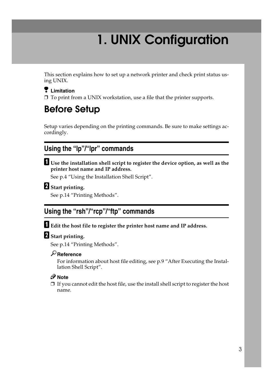  unix configuration, Before setup, Using the “lp”/“lpr” commands | Using the “rsh”/“rcp”/“ftp” commands, Unix configuration | Ricoh Aficio 2018D User Manual | Page 785 / 814