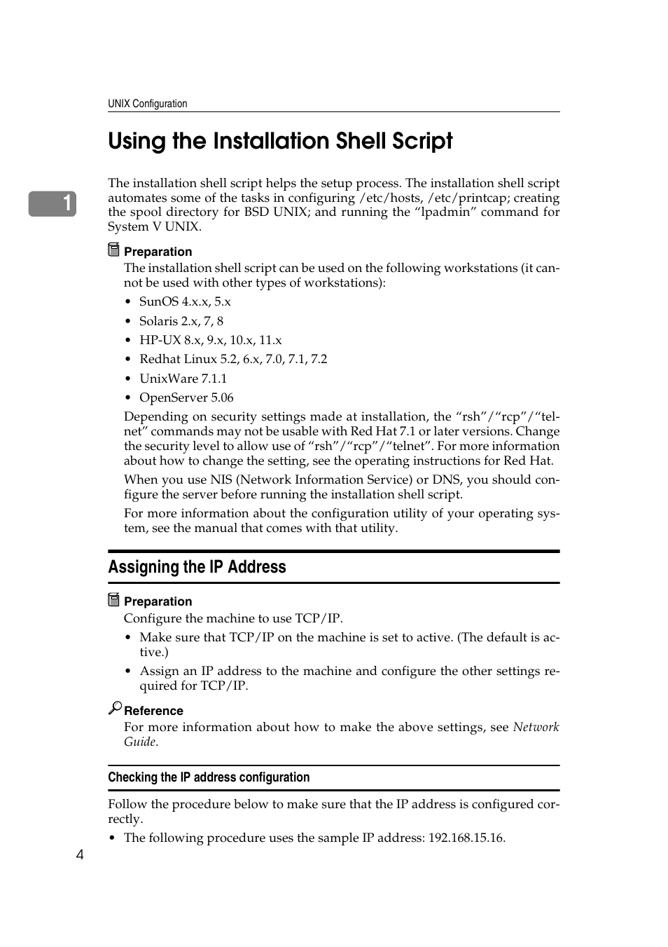 Using the installation shell script, Assigning the ip address, Checking the ip address configuration | E p.4 “using the installation shell script, 1using the installation shell script | Ricoh Aficio 2018D User Manual | Page 786 / 814