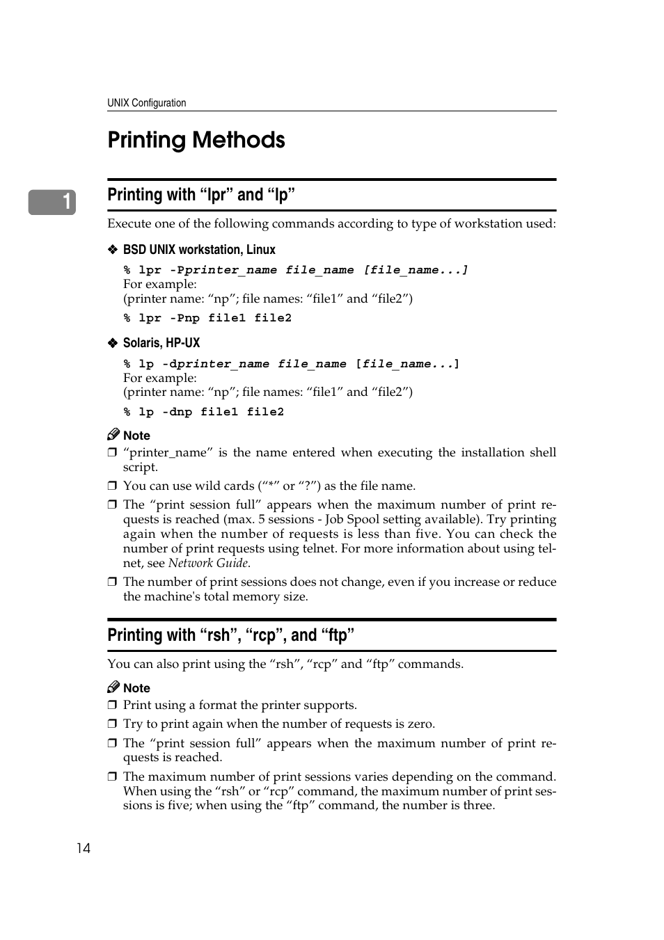 Printing methods, Printing with “lpr” and “lp, Printing with “rsh”, “rcp”, and “ftp | E p.14 “printing methods, 1printing methods | Ricoh Aficio 2018D User Manual | Page 796 / 814