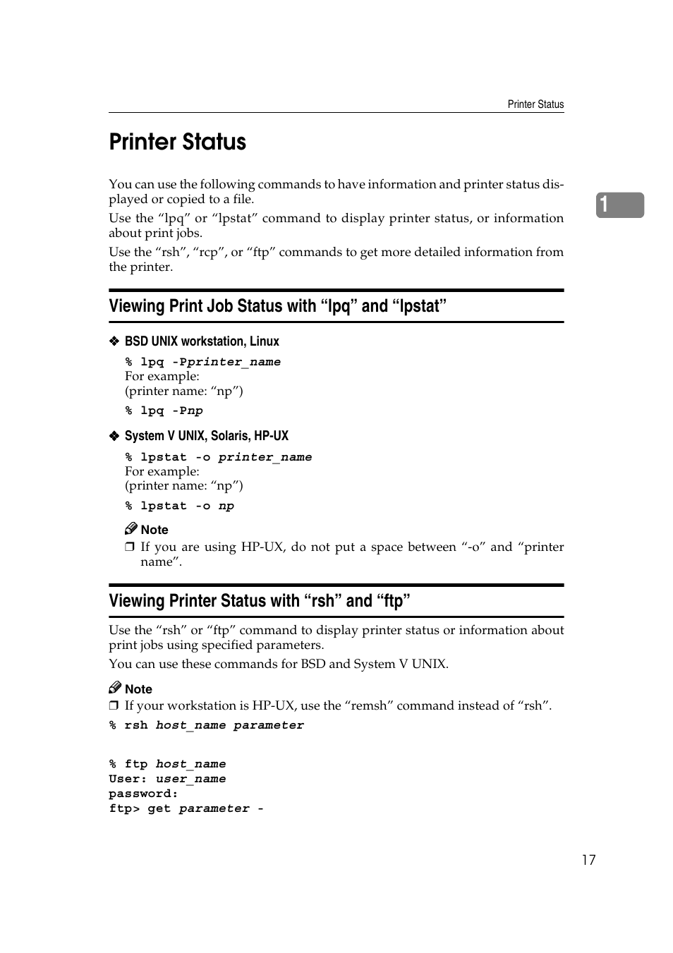 Printer status, Viewing print job status with “lpq” and “lpstat, Viewing printer status with “rsh” and “ftp | 1printer status | Ricoh Aficio 2018D User Manual | Page 799 / 814