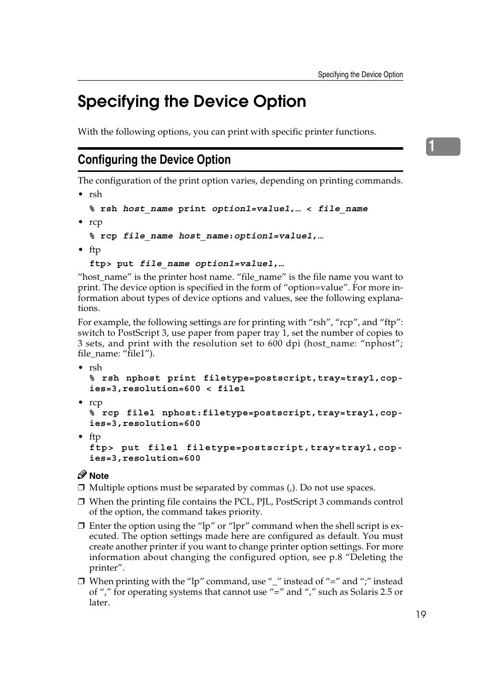 Specifying the device option, Configuring the device option, P.19 “specifying the device option | 1specifying the device option | Ricoh Aficio 2018D User Manual | Page 801 / 814