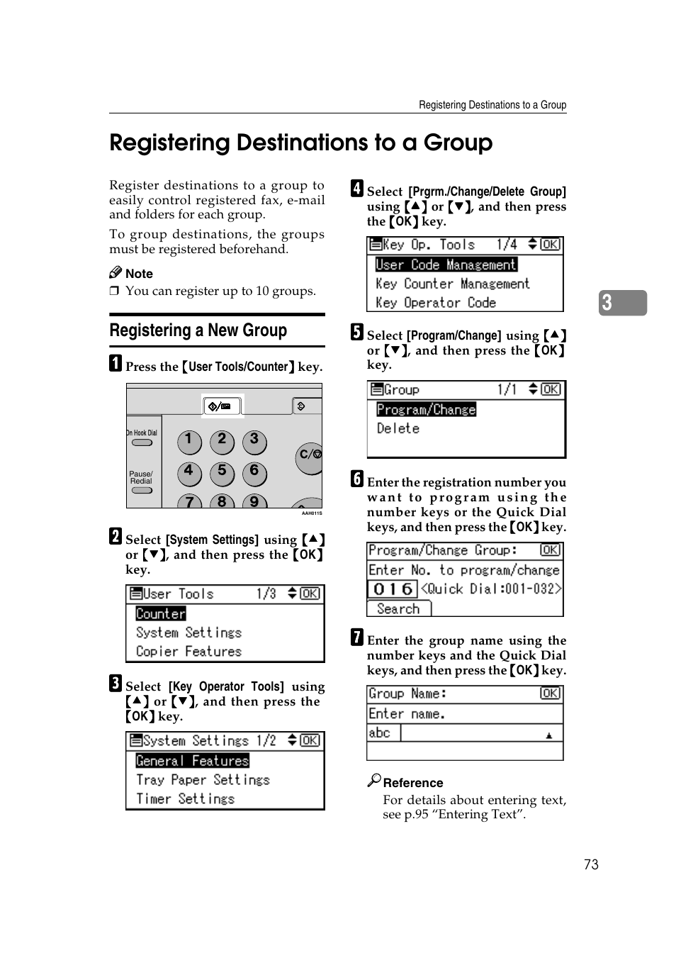 Registering destinations to a group, Registering a new group, See p.73 “registering destinations to a group | P.73 “registering destinations to a group, 3registering destinations to a group | Ricoh Aficio 2018D User Manual | Page 85 / 814