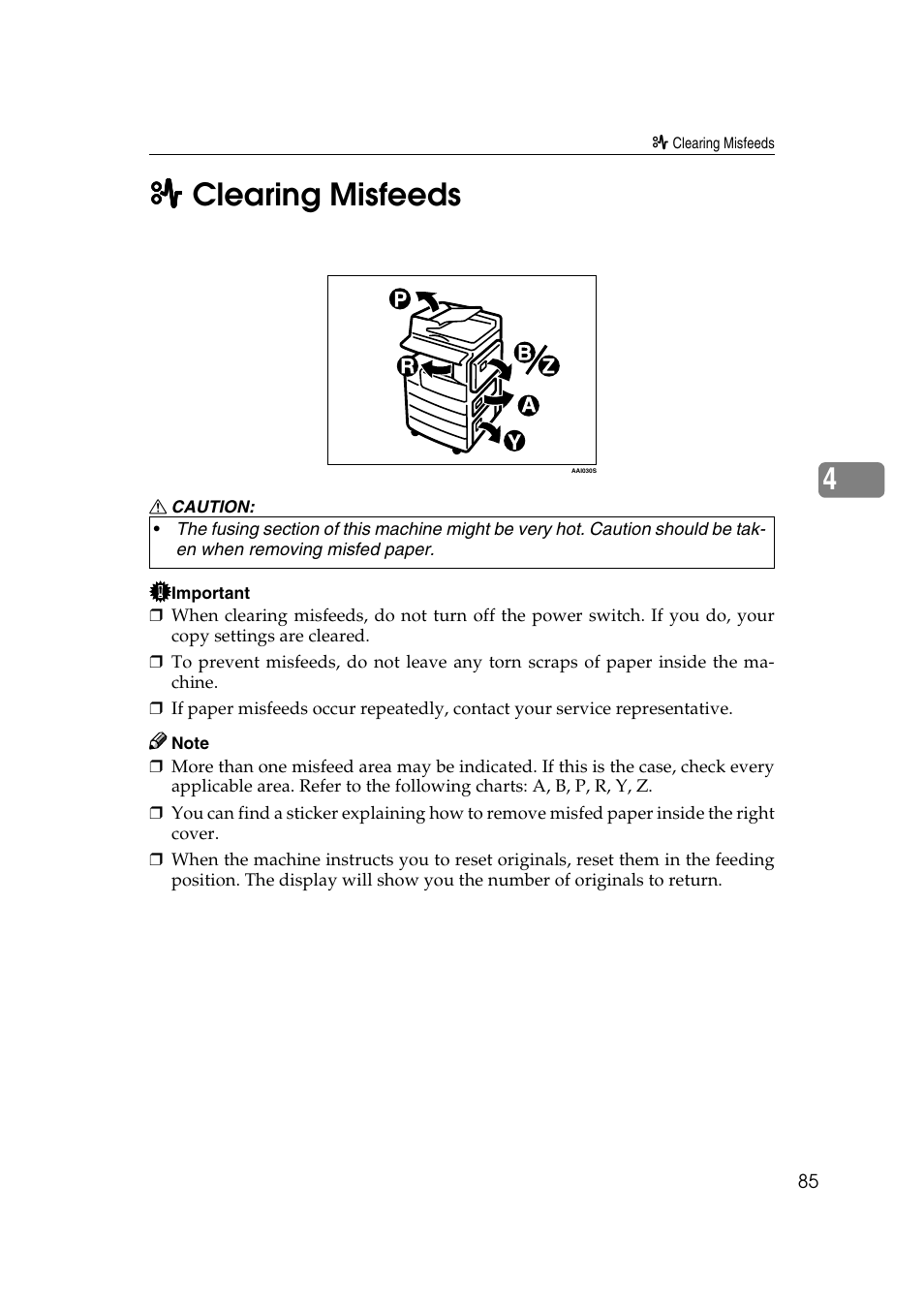 Clearing misfeeds, X clearing misfeeds, See p.85 | P.85 | Ricoh Aficio 2018D User Manual | Page 97 / 814