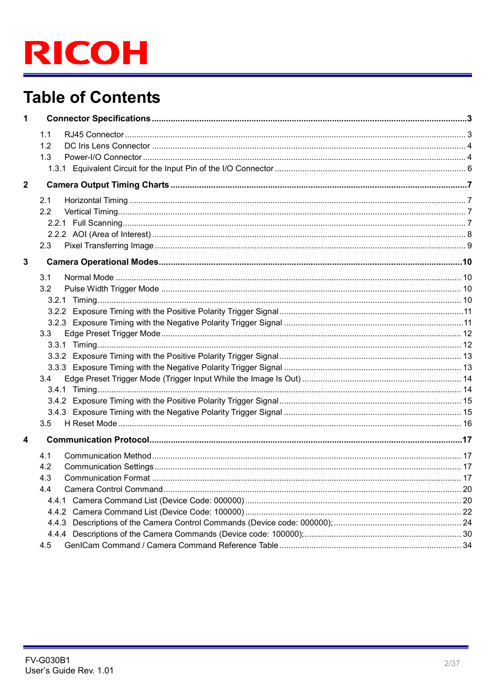 Ricoh GigE Vision VGA Monochrome CCD Camera FV-G030B1 User Manual | Page 2 / 37