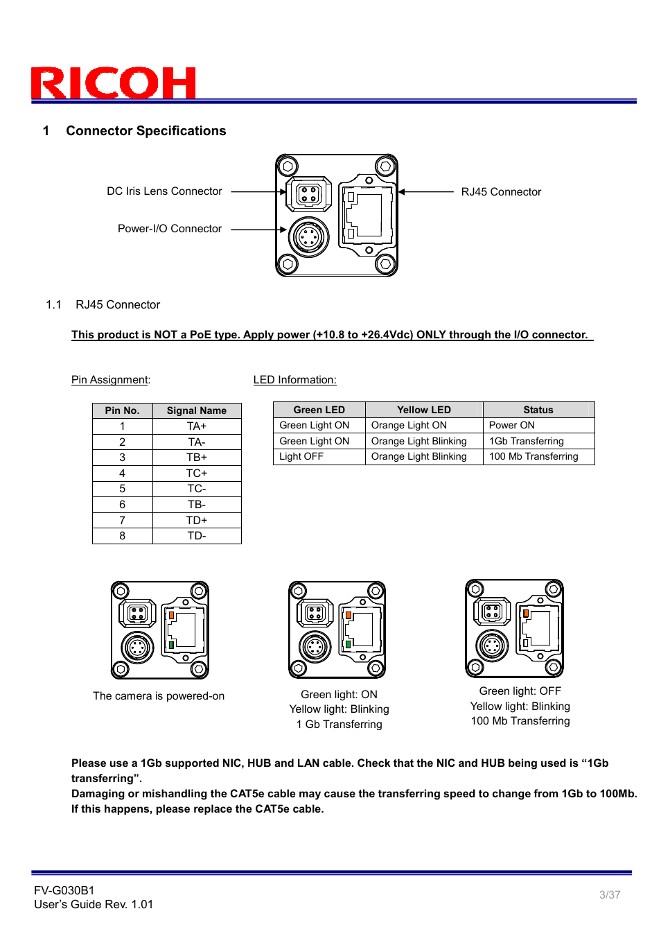 1 connector specifications | Ricoh GigE Vision VGA Monochrome CCD Camera FV-G030B1 User Manual | Page 3 / 37