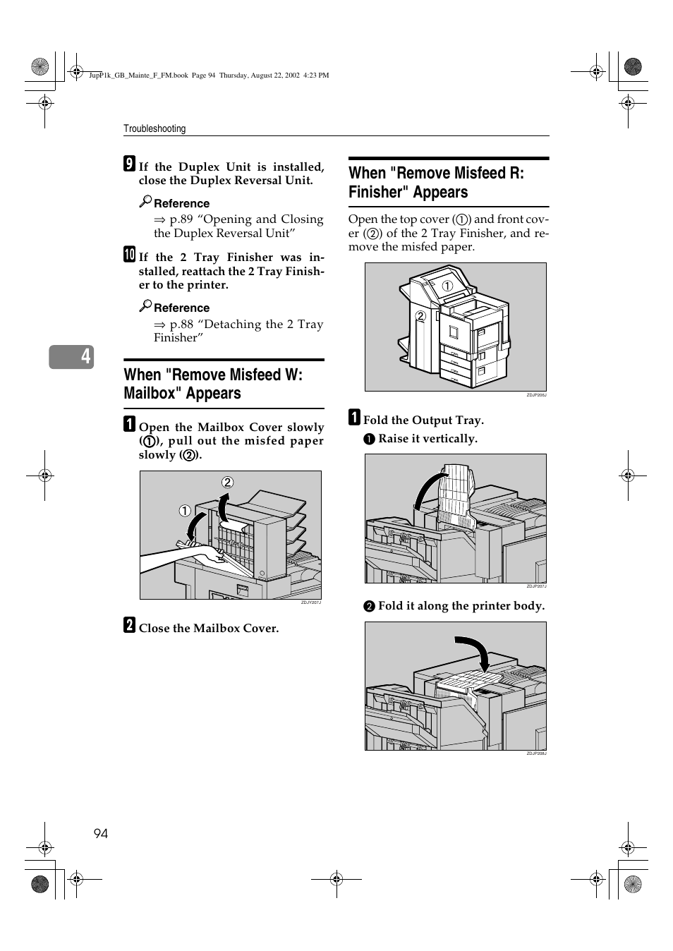 When "remove misfeed r: finisher" appears, When "remove misfeed w: mailbox" appears | Ricoh AP3800C User Manual | Page 104 / 124