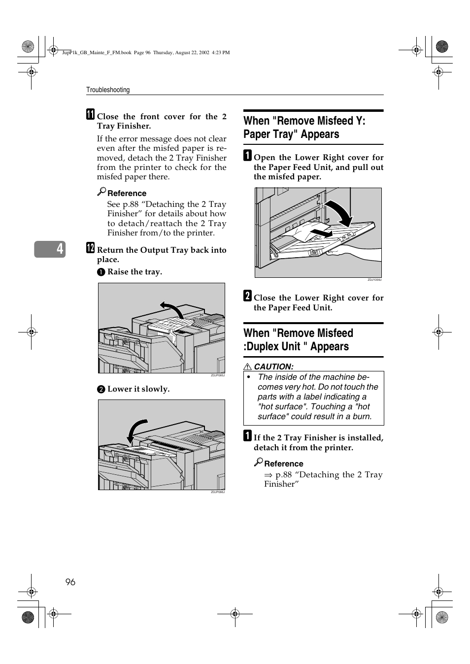 When "remove misfeed y: paper tray" appears, When "remove misfeed :duplex unit " appears | Ricoh AP3800C User Manual | Page 106 / 124