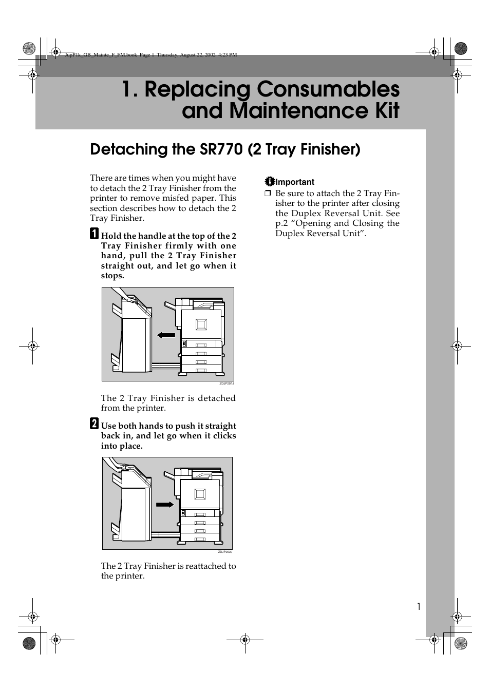 Replacing consumables and maintenance kit, Detaching the sr770 (2 tray finisher) | Ricoh AP3800C User Manual | Page 11 / 124