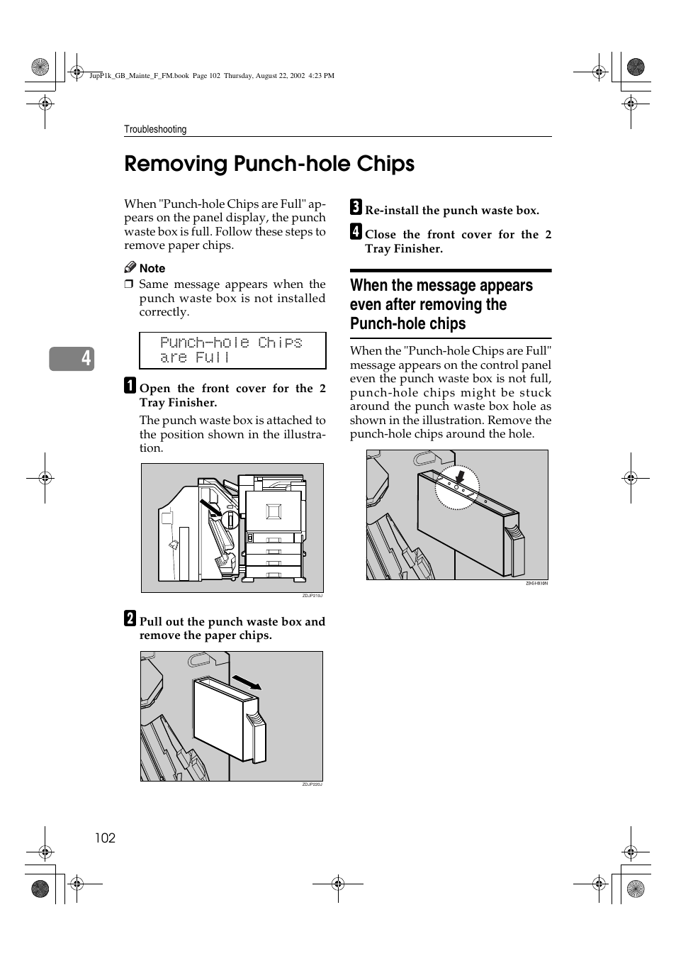 Removing punch-hole chips, 4removing punch-hole chips | Ricoh AP3800C User Manual | Page 112 / 124