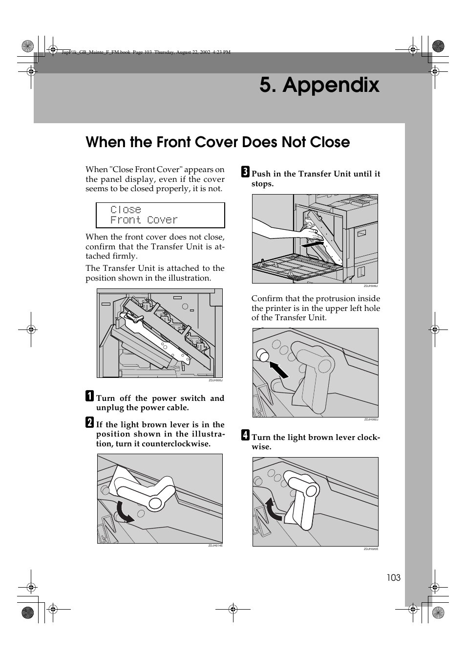 Appendix, When the front cover does not close | Ricoh AP3800C User Manual | Page 113 / 124