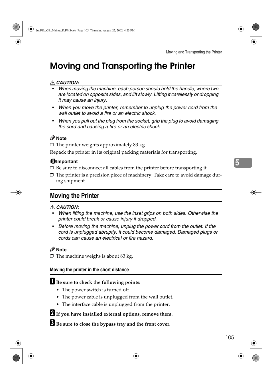 Moving and transporting the printer, 5moving and transporting the printer, Moving the printer | Ricoh AP3800C User Manual | Page 115 / 124