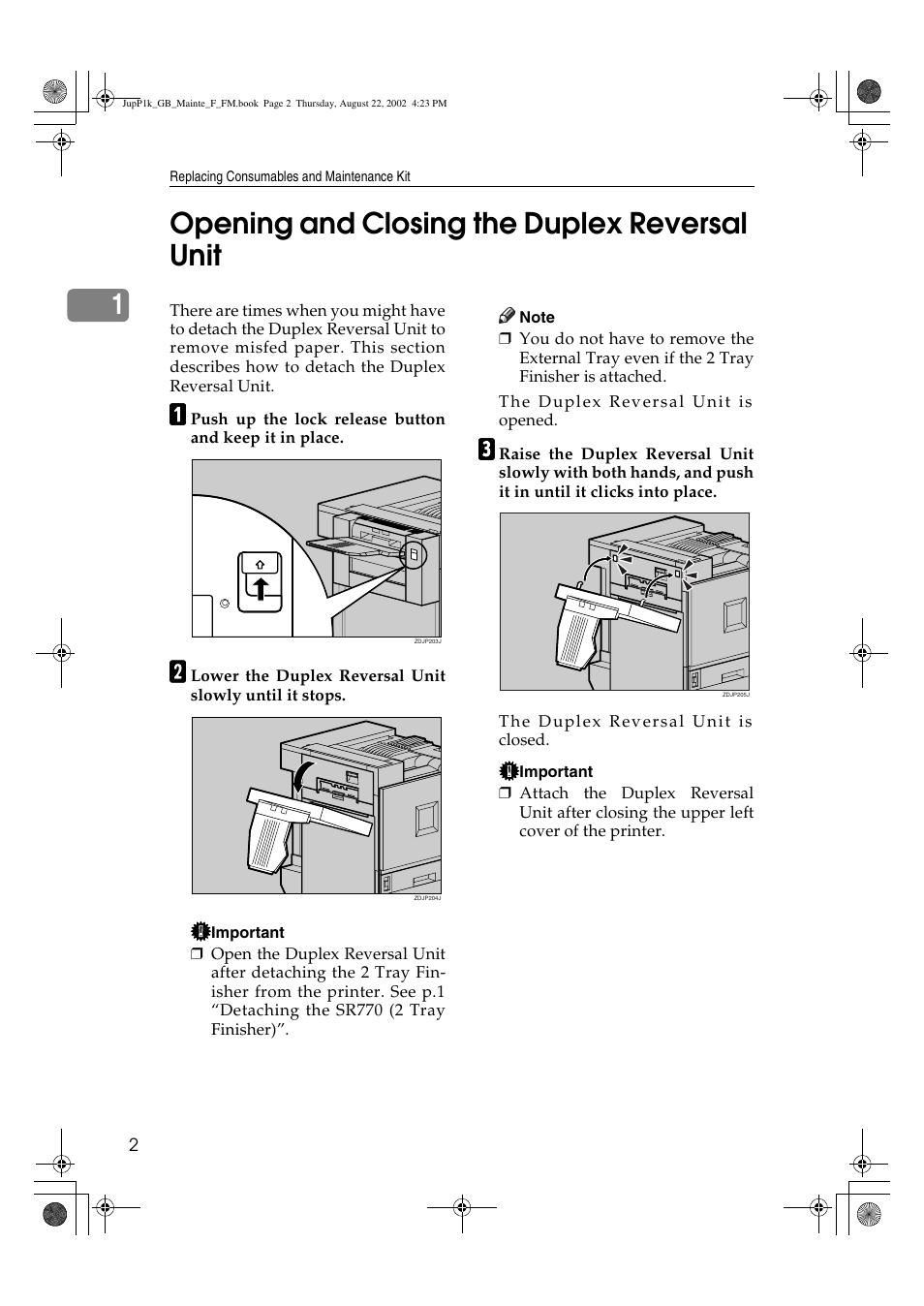 Opening and closing the duplex reversal unit, 1opening and closing the duplex reversal unit | Ricoh AP3800C User Manual | Page 12 / 124