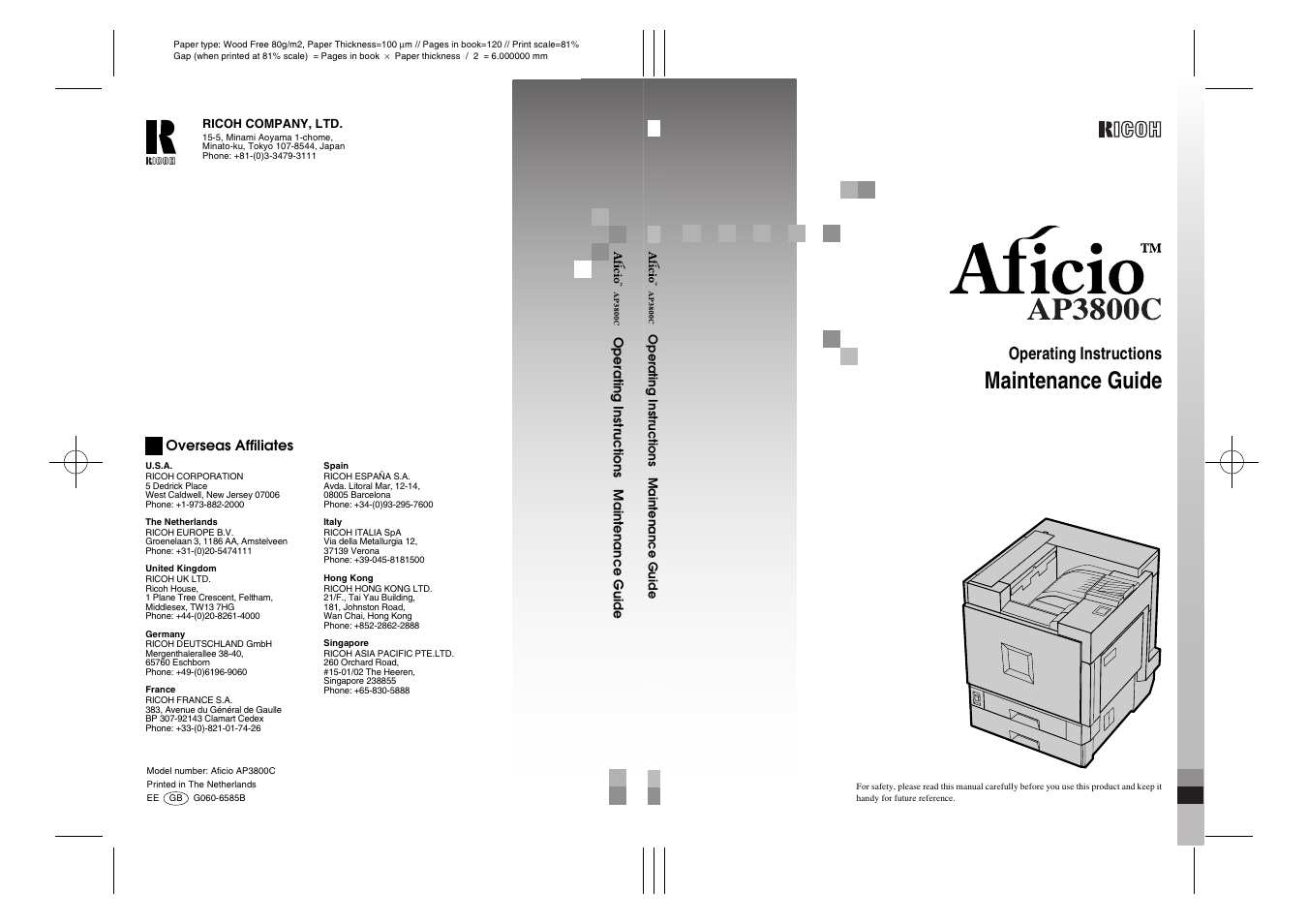 Maintenance guide, Operating instructions | Ricoh AP3800C User Manual | Page 124 / 124