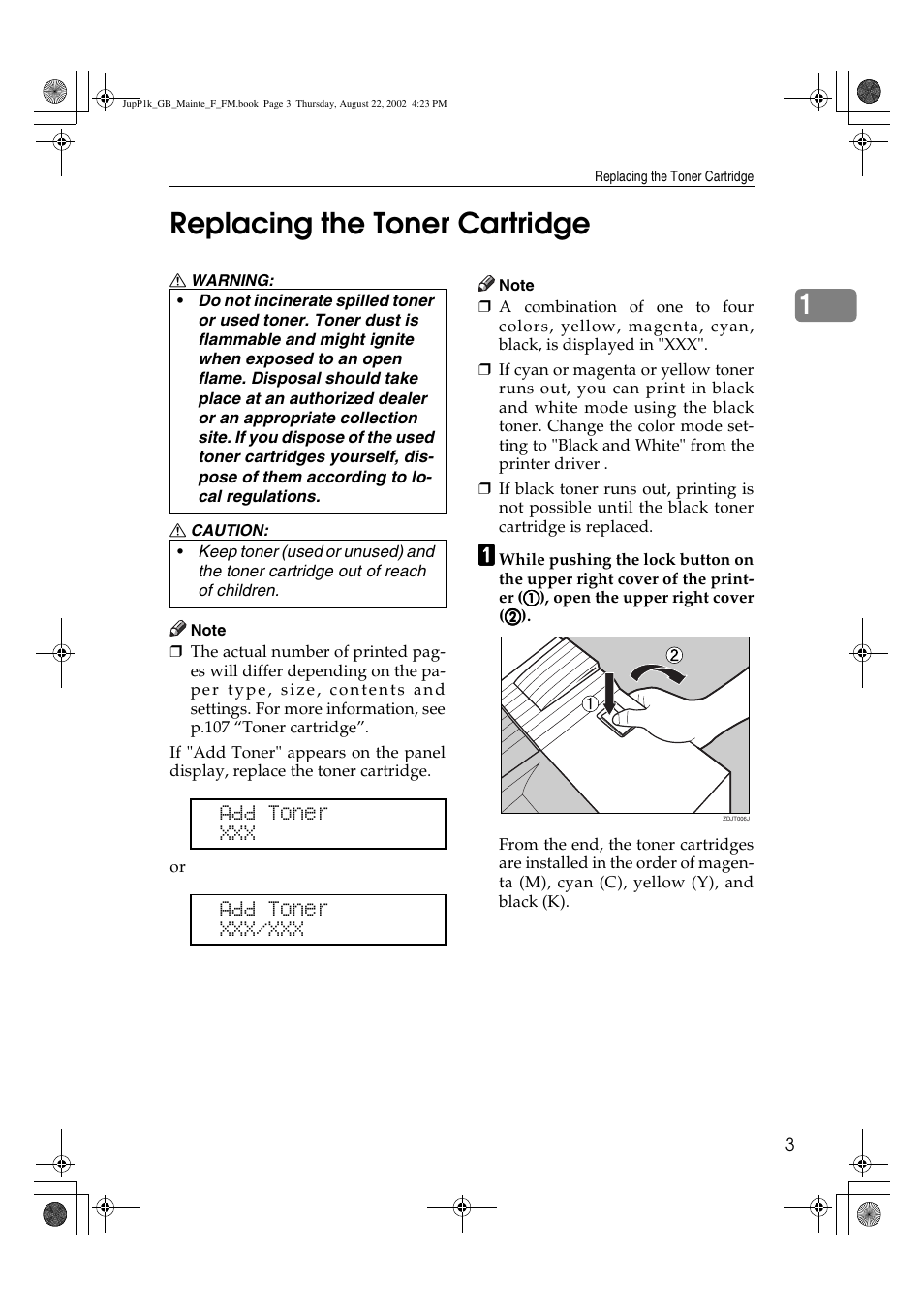 Replacing the toner cartridge, 1replacing the toner cartridge | Ricoh AP3800C User Manual | Page 13 / 124