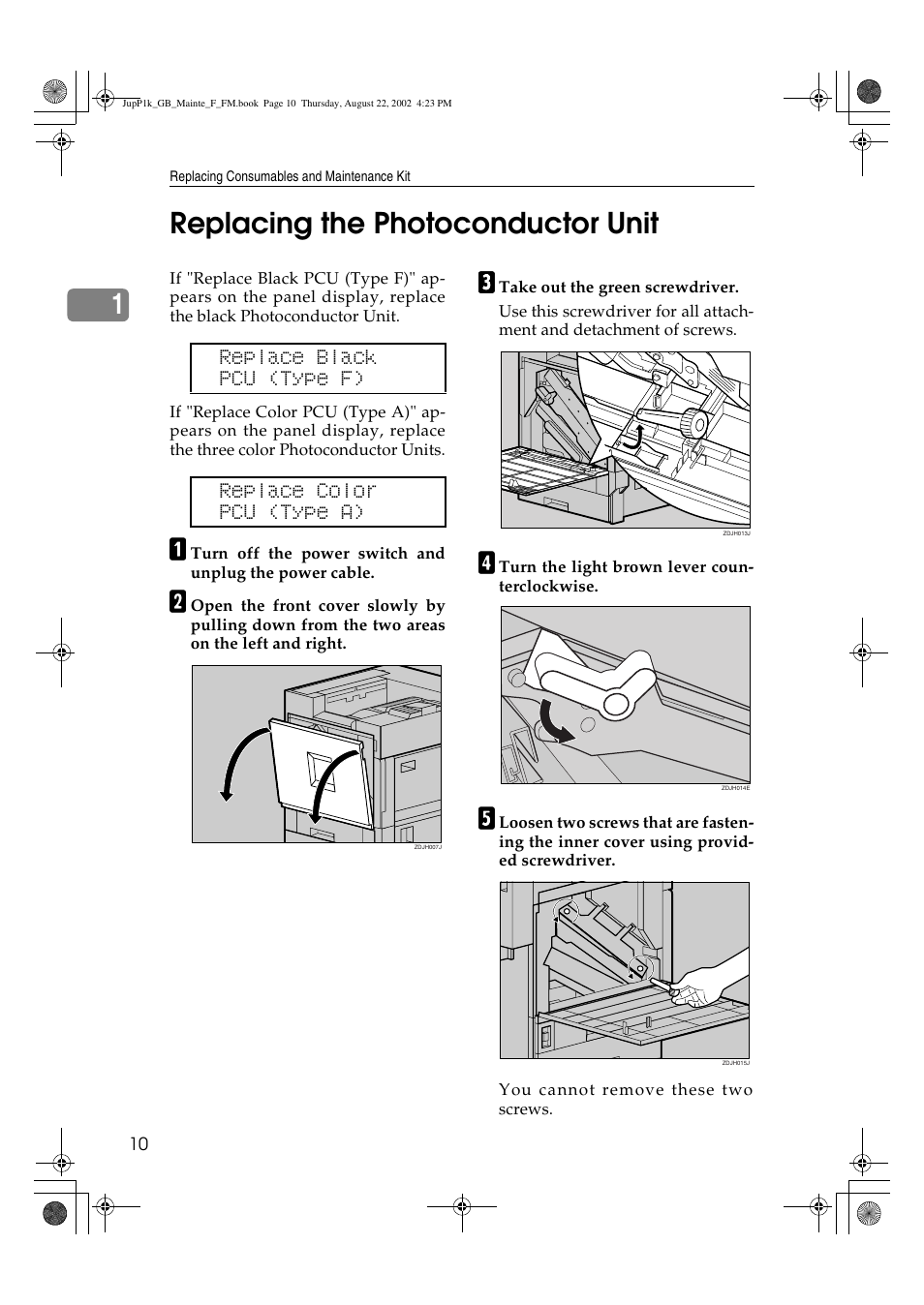 Replacing the photoconductor unit, 1replacing the photoconductor unit | Ricoh AP3800C User Manual | Page 20 / 124