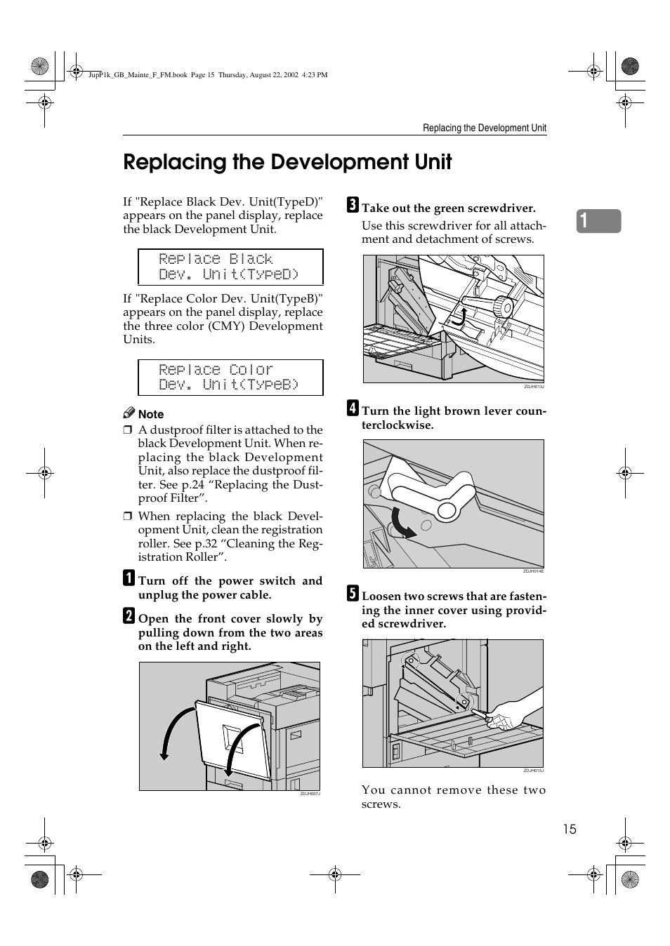 Replacing the development unit, 1replacing the development unit | Ricoh AP3800C User Manual | Page 25 / 124