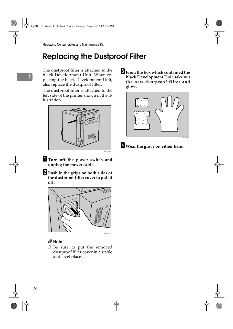 Replacing the dustproof filter, 1replacing the dustproof filter | Ricoh AP3800C User Manual | Page 34 / 124