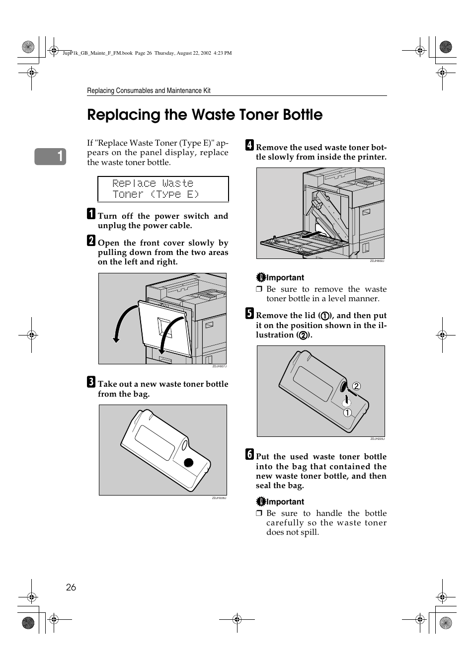 Replacing the waste toner bottle, 1replacing the waste toner bottle | Ricoh AP3800C User Manual | Page 36 / 124