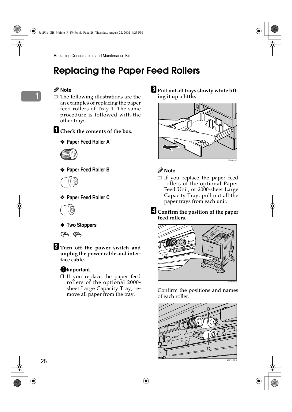 Replacing the paper feed rollers, 1replacing the paper feed rollers | Ricoh AP3800C User Manual | Page 38 / 124