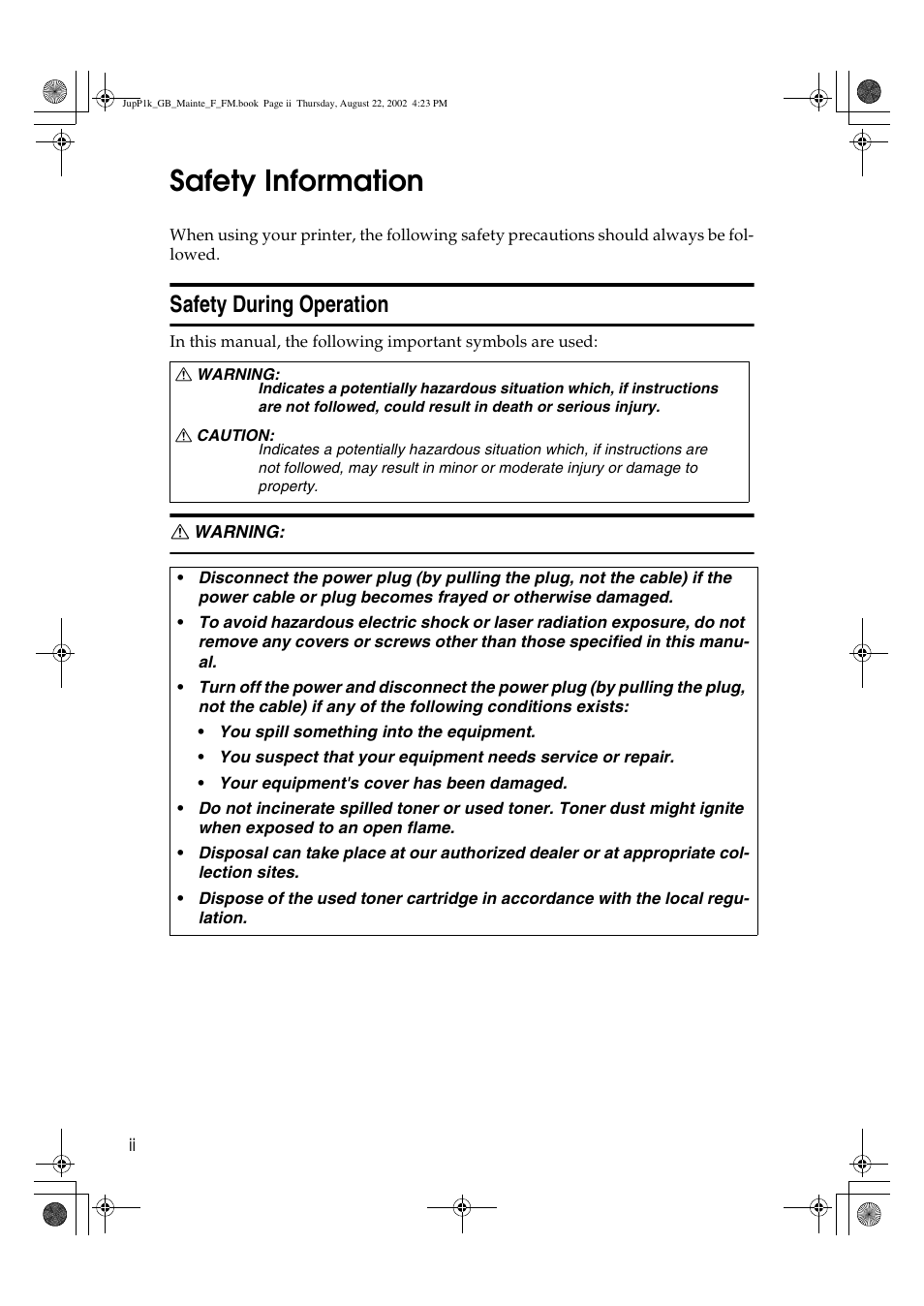 Safety information, Safety during operation | Ricoh AP3800C User Manual | Page 4 / 124
