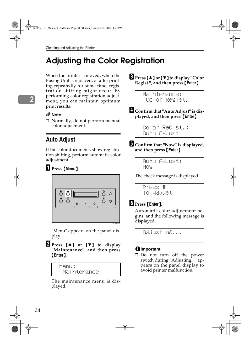 Adjusting the color registration, 2adjusting the color registration, Auto adjust | Ricoh AP3800C User Manual | Page 44 / 124