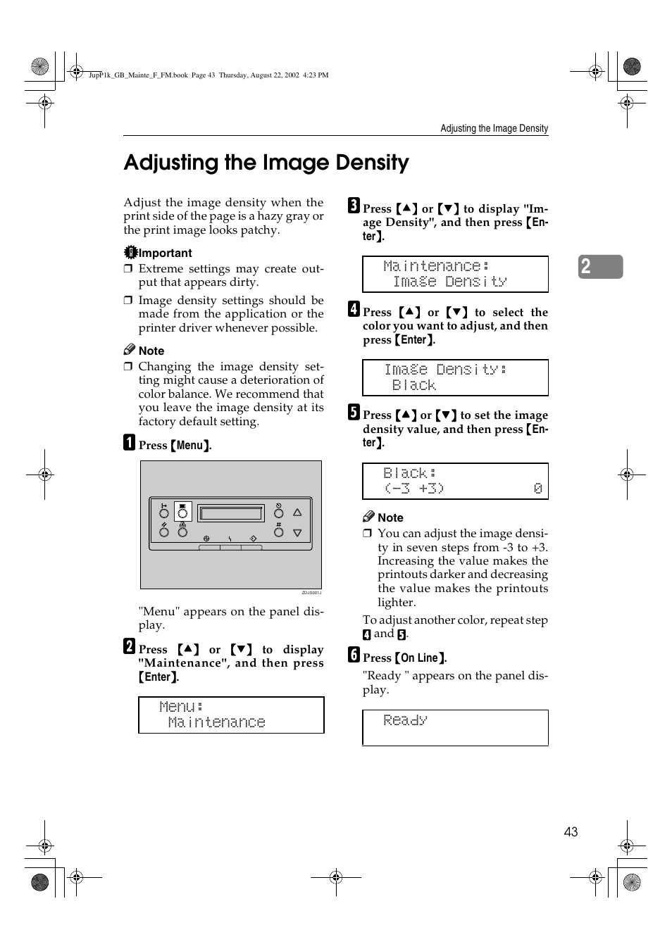Adjusting the image density, 2adjusting the image density | Ricoh AP3800C User Manual | Page 53 / 124