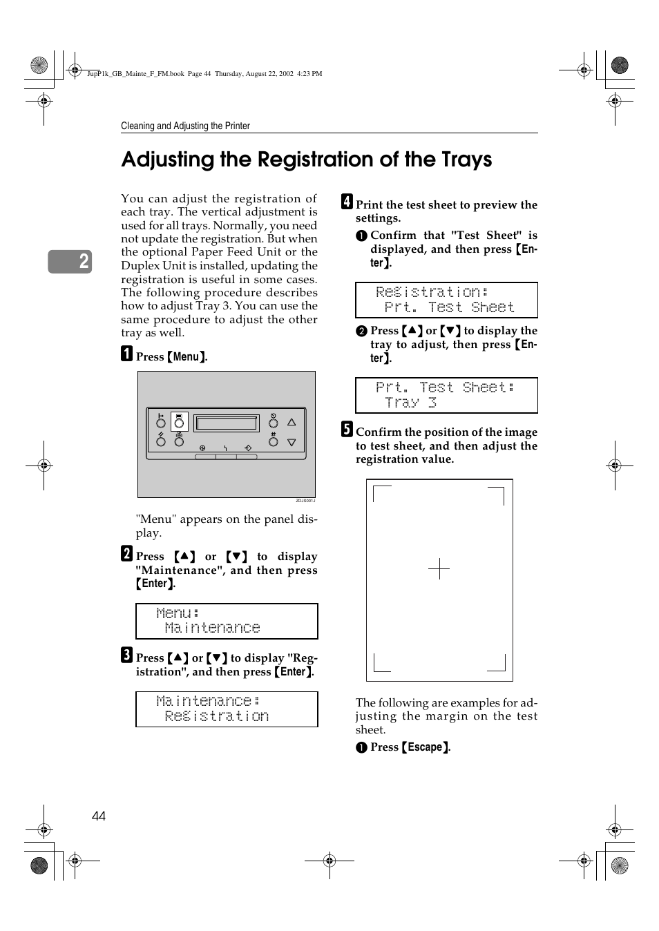 Adjusting the registration of the trays, 2adjusting the registration of the trays | Ricoh AP3800C User Manual | Page 54 / 124