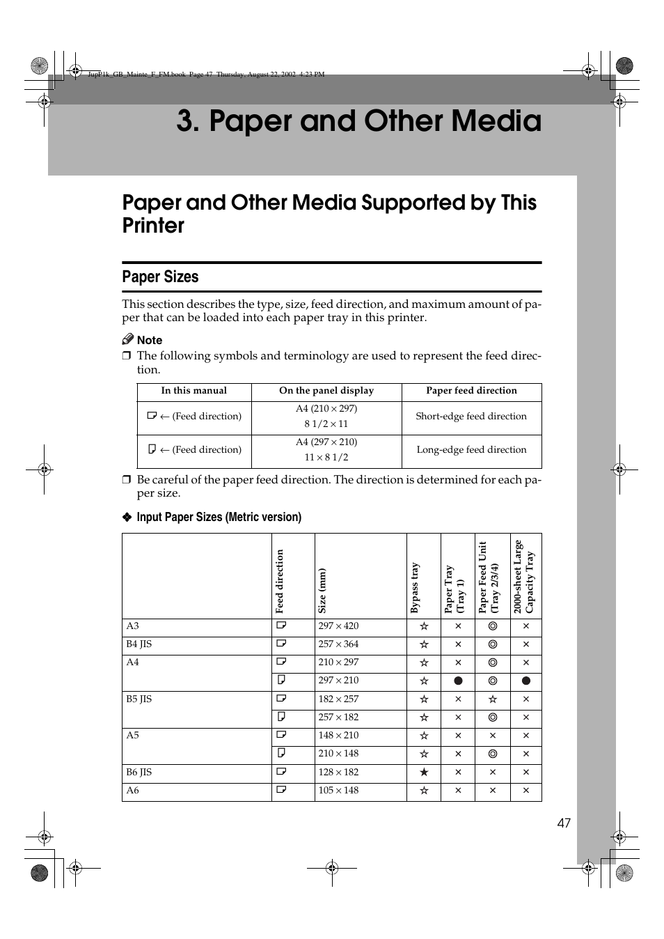 Paper and other media, Paper and other media supported by this printer, Paper sizes | Ricoh AP3800C User Manual | Page 57 / 124