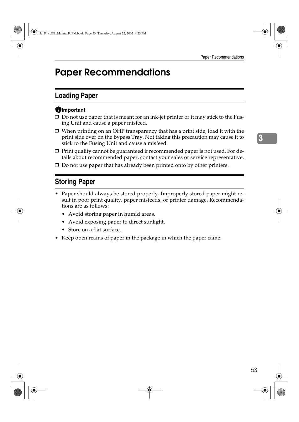 Paper recommendations, Loading paper, Storing paper | 3paper recommendations | Ricoh AP3800C User Manual | Page 63 / 124